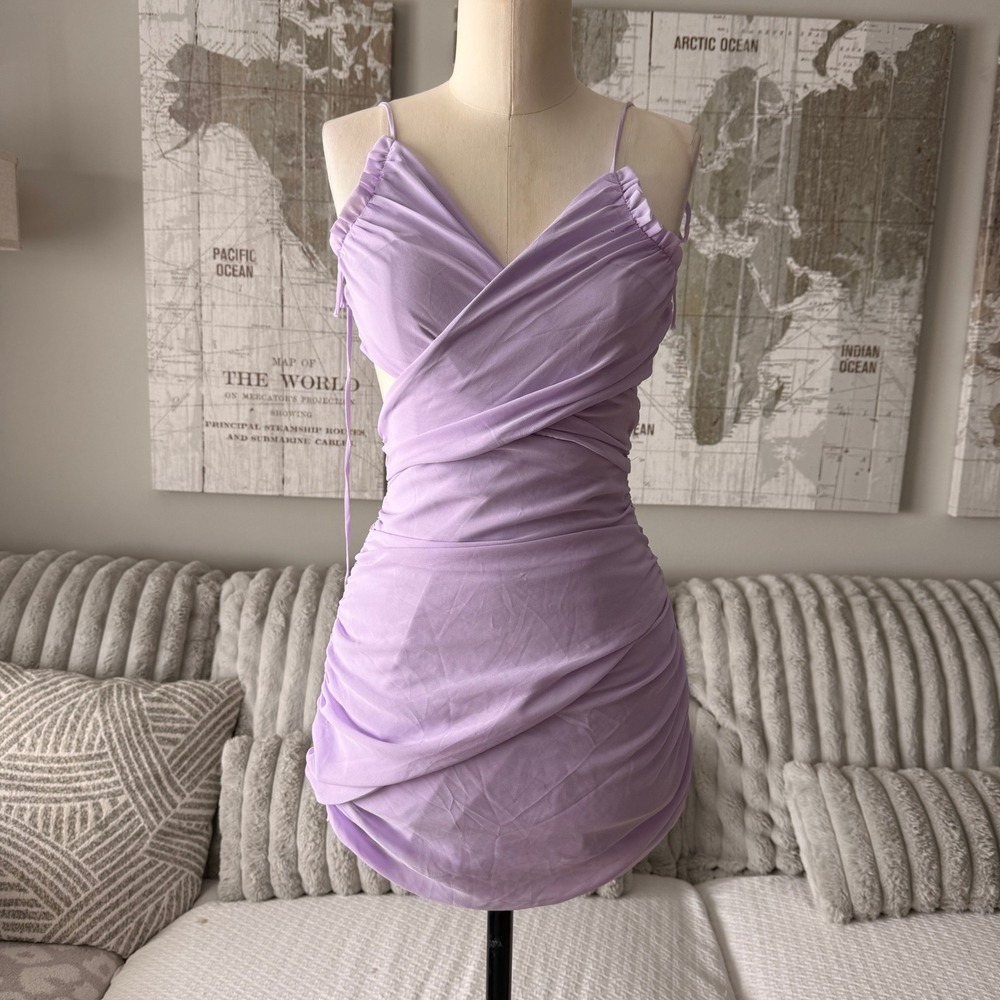Lucy in‎ the Sky Lavender Ruched Mini Dress Purple Cutout Bow Back Womens XS
